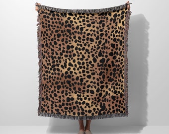 Leopard Print Woven Blanket with Fringe, Animal Print Throw Blanket For Couch, Leopard Tapestry Wall Hanging, Picnic or Beach Blanket