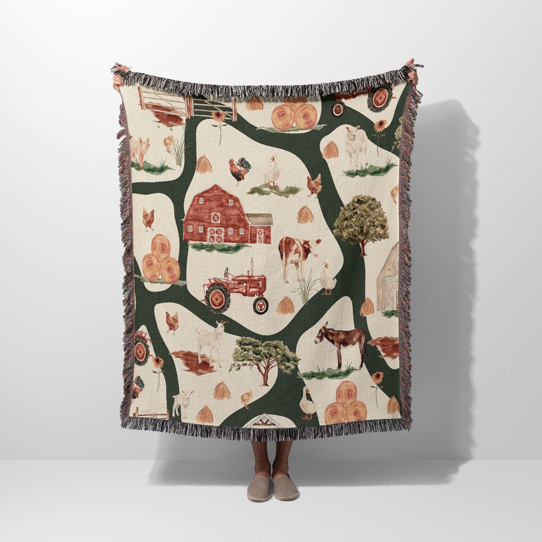 Farm Blanket, Chicken Tractor Woven Blanket, Farm Animal Throw Blanket