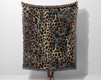 Blue Leopard Print Woven Blanket with Fringe, Animal Print Throw Blanket For Couch, Leopard Tapestry Wall Hanging, Picnic or Beach Blanket