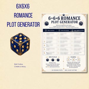 May include: A 6x6x6 Romance Plot Generator chart featuring a blue and gold six-sided die. The chart includes columns for The Couple, The Situation, and The Complication, with instructions to roll three dice to create a story from 216 possible combinations.