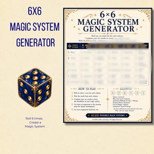 May include: A 6x6 Magic System Generator game sheet featuring a dark blue six-sided die with gold pips and ornate trim. The document includes instructions, a table for rolling results, and an example of a generated magic system with 46,656 possibilities.