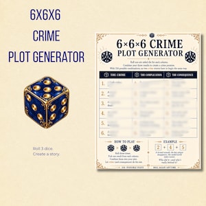 May include: A 6x6x6 Crime Plot Generator game sheet featuring a blue and gold six-sided die illustration. The text reads 6x6x6 CRIME PLOT GENERATOR, Roll 3 dice. Create a story, and includes columns for The Crime, The Complication, and The Consequence.