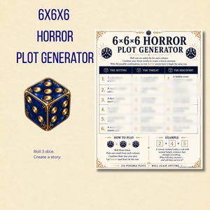 May include: A 6x6x6 Horror Plot Generator game sheet featuring a blue and gold die illustration. The text includes instructions to roll three dice to create a story, with columns for setting, threat, and discovery, plus an example plot.