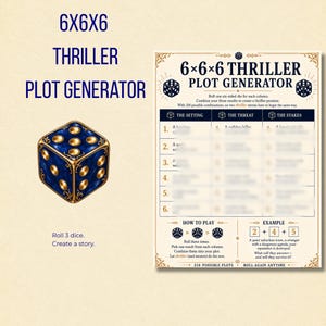 May include: A 6x6x6 Thriller Plot Generator game sheet featuring a blue and gold six-sided die illustration. The document includes columns for setting, threat, and stakes, with instructions to roll three dice to create a story. The text includes 6x6x6 Thriller Plot Generator, How to Play, and Example sections.