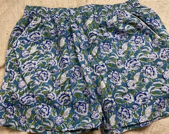 Blooming Florals Cotton Hand Block Printed Breathable Soft Beach Shorts Cotton Comfortable Pockets Unisex Colourful  Night Wear