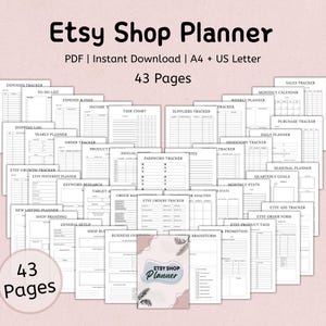 May include: A black and white printable Etsy shop planner with 43 pages. The planner includes pages for tracking expenses, income, tasks, suppliers, orders, inventory, sales, marketing, and more.