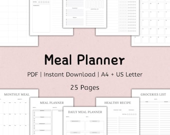 Meal Planner Printable PDF, Diet Prep Planner, Meal Preparation, Food Planner, Grocery List Tracker, Food Diary, Food Journal, Recipe Book