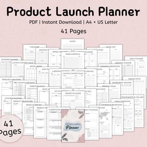 May include: A black and white printable product launch planner with 41 pages. The planner includes checklists, charts, and worksheets for planning a product launch. The planner is designed to help you plan your product launch from start to finish.
