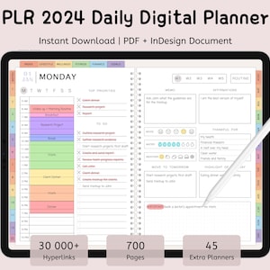PLR 2024 Daglig digital planerare, kommersiellt bruk, återförsäljningsplanerare, redigerbar InDesign-mall, DFY-journal, hyperlänkad GoodNotes-planerare