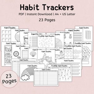 Peut inclure: Un ensemble de 23 pages de suivi des habitudes imprimables en noir et blanc. Les pages présentent divers motifs, notamment un arc-en-ciel, des cristaux, une bibliothèque, une ampoule et une pile de livres. Le texte "Habit Trackers" est en haut de la page, et le texte "23 Pages" est en bas de la page.