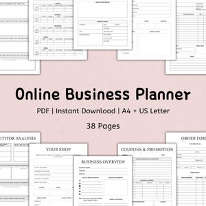 Könnte beinhalten: Ein schwarz-weißer druckbarer Businessplaner mit dem Titel "Online Business Planner" und dem Text "PDF | Sofort-Download | A4 + US Letter 38 Seiten". Der Planer enthält Abschnitte für die Wettbewerbsanalyse, Ihren Shop, Coupons und Aktionen sowie die Geschäftsübersicht.