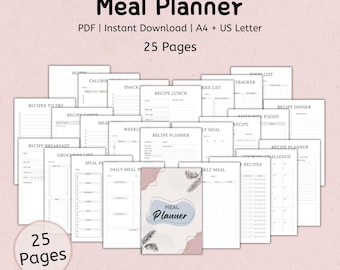May include: A printable meal planner PDF with 25 pages. The cover features a pink and white design with a leafy pattern and the text "Meal Planner". The pages include sections for recipes, meal planning, grocery lists, and tracking calories.