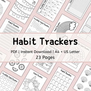 Peut inclure: Un ensemble de 23 pages de suivi d'habitudes imprimables en noir et blanc. Les pages présentent divers motifs, notamment un arc-en-ciel, un cristal, une coquille et une bibliothèque. Le texte "Habit Trackers" est en gros caractères gras en haut de l'image. Le texte "PDF | Téléchargement instantané | A4 + US Letter" est sous le titre. Le texte "23 Pages" est sous les informations de téléchargement.