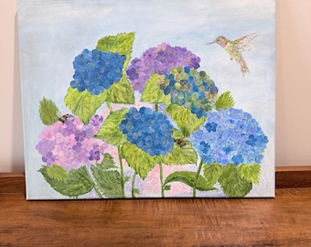 Handpainted Original Artwork Acrylic on Canvas Blue and Purple Hydrangea and Hummingbird