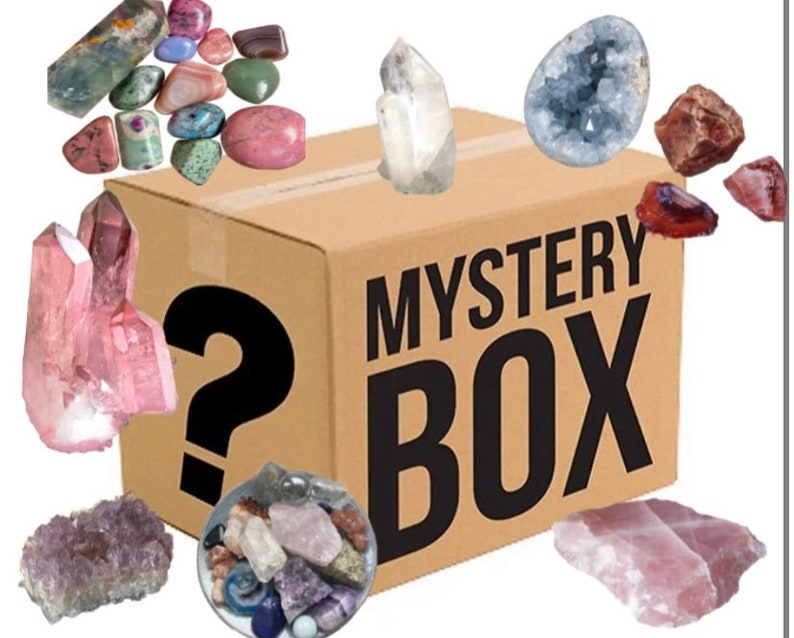 Crystal Mystery Box, Mystery Bag, Tumbled stone surprise box. Polished crystals, raw crystals, crystal carvings,  geodes, bracelet 