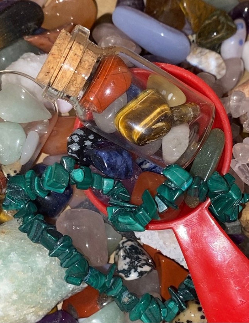 Lucky dip scoop of crystals. Tumbled stones. Crystal bracelets. Crystal confetti. 