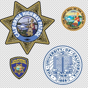 Op de afbeelding: Een verzameling van vier emblemen met een Californisch thema. Inclusief het insigne en zegel van de California Highway Patrol en het zegel van de Universiteit van Californië. De CHP-badges hebben een ster- en schildontwerp.