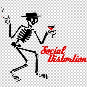 May include: Black and white skeleton illustration wearing a hat, holding a cigarette and a cocktail glass. The text "Social Distortion" is written in red below the skeleton.
