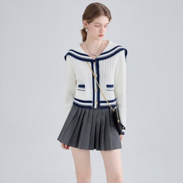 Sailor Collar Design Manteau Cardigan tricoté classique pour femmes, pull ample d’automne femme, pull de style décontracté pour femmes, vêtements d’hiver