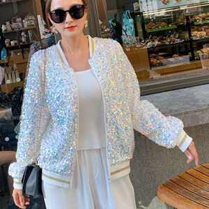 Evening Party White Sequined Jacket for Women, Glitter Effect Jacket Women, Short Outer Coat Sequin Jacket, Birthday Party Jacket Women