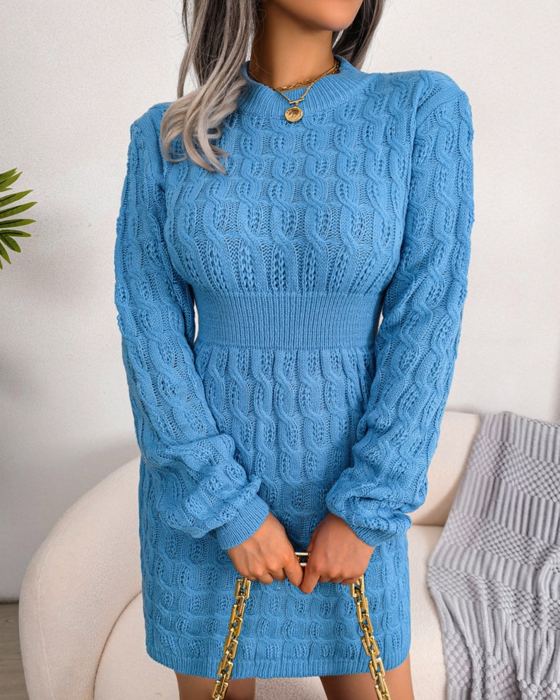 Cableknit Long Sleeve Mini Sweater Dress in White, Black & Blue