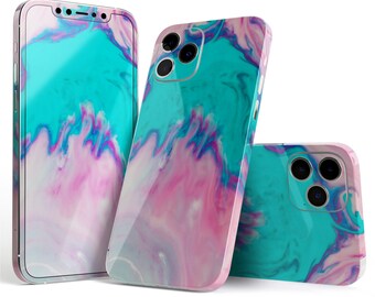 Marbleized Pink and Blue Paradise V432 // Protective Skin Decal Wrap Cover pour Apple iPhone 15, 15 Pro Max, 14, 13, 12, 11 (Tous les modèles!)