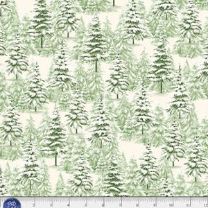 May include: A fabric pattern featuring a repeating design of snow-covered evergreen trees in varying shades of green and white against a cream-colored background. The trees are detailed with snow-laden branches. The text "BELI 5817 EG" is visible.