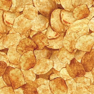 May include: A close-up image of a pile of golden brown potato chips. The chips are arranged in a random pattern, creating a textured background.