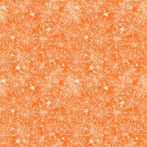 May include: A seamless pattern of white spiderwebs on an orange background. The webs are intricate and detailed, creating a spooky and festive Halloween design.