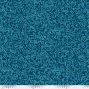 May include: A seamless fabric pattern featuring a dense arrangement of teal and turquoise organic shapes. The design consists of overlapping, elongated ovals with internal curved lines, creating a textured, flowing effect. The fabric has a dark teal background with lighter teal details.