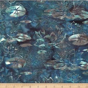 May include: Fabric with a water lily design. The fabric features a dark blue background with detailed illustrations of water lilies and lily pads in shades of blue, gray, and white. The design is repeated across the fabric.