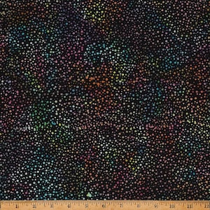 May include: Black fabric with a scattered pattern of small, multi-colored dots.