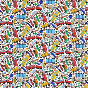 May include: A colorful seamless pattern featuring various vehicles, including cars, trucks, buses, and an ice cream truck. The pattern also includes traffic signs, such as stop signs, yield signs, and speed limit signs. The background is white.