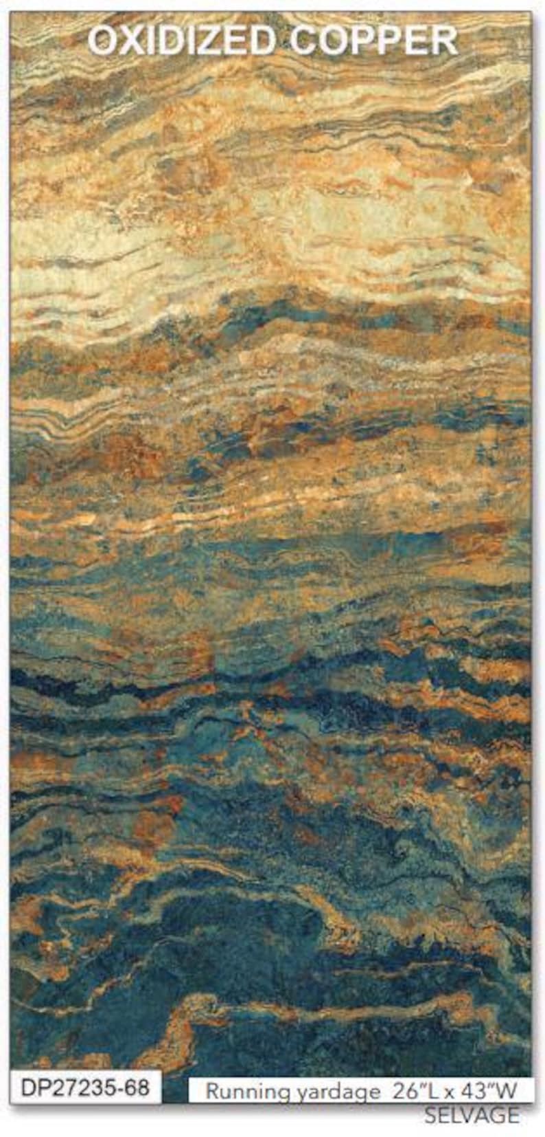 May include: Oxidized copper tile with a blue and gold marbled pattern. The tile is 26 inches long and 43 inches wide. DP27235-68.