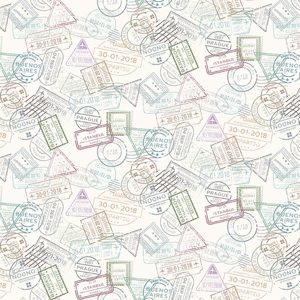 Clothworks - Y3482-54 - Low Key - Passport Stamps - Multi Pastel - Fabric by the Yard