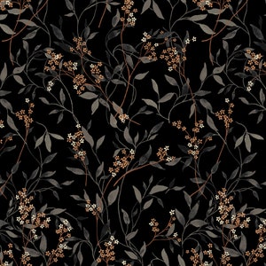 Note: 1 yard remaining - Clothworks - Y3635-3 - Sanctuary - Viney Floral on Black - Fabric by the Yard