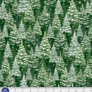 May include: A fabric pattern featuring a dense forest of snow-covered evergreen trees on a dark green background. The trees are detailed with white snow and scattered with small, sparkling stars. The fabric is labeled with "BELI 5821 G".