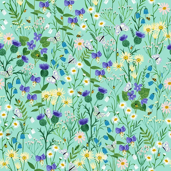 Clothworks - Springtime Wildflowers - Aqua - Y3771_33 - By Rebecca Jones - Fabric by the Yard