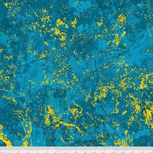 May include: A teal blue and yellow fabric with a speckled, distressed pattern. The fabric has a ruler with inches marked on it and the text "METS 4306 DT".