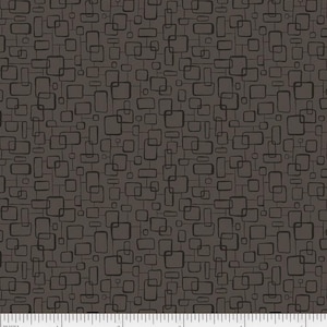 May include: A fabric with a repeating pattern of dark gray rectangular shapes connected by thin lines on a brown background. The fabric has a ruler along the bottom edge, with the text "WHIM 4411 SZ" in the bottom right corner.