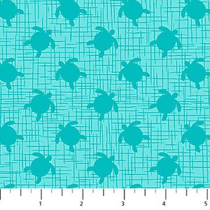 May include: Teal blue fabric with a repeating pattern of turquoise sea turtles. The fabric has a textured, woven look.