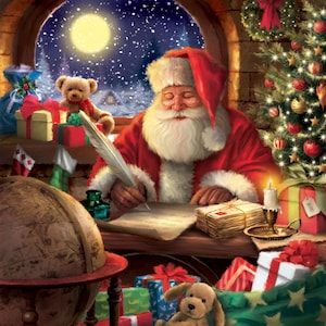 May include: Santa Claus sits at a desk writing with a quill pen. He is surrounded by presents, a globe, and a lit candle. A teddy bear and a puppy are also in the scene. The room is decorated for Christmas with a Christmas tree and a wreath.