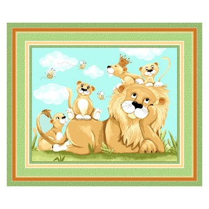 May include: A cartoon illustration of a lion family with a blue sky and clouds in the background. The lion is lying down with its head resting on its paw. A lion cub is sitting on the lion's back. Two other lion cubs are sitting on the lion's head. There are bees flying around the lion family.