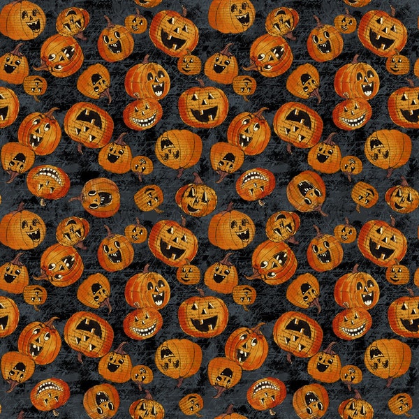 Clothworks - All Hallows Eve Jack-o-Lanterns - Y3820-3 Black - Designed by Sue Zipkin - Fabric by the Yard