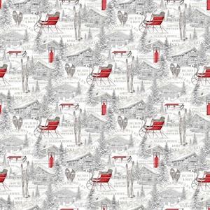 May include: A white and gray winter-themed pattern with red accents. The pattern features a repeating design of a red sleigh, skis, a cabin, and trees. The text "SKI, SLED & SKATE" is repeated throughout the pattern.