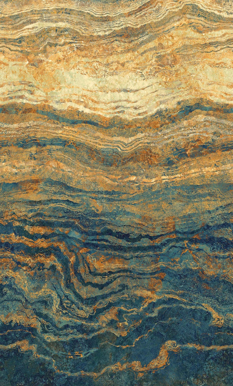 May include: Abstract background with a swirling pattern of blue, gold, and brown. The colors blend together to create a unique and interesting design.