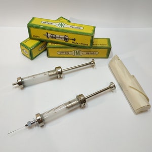 Vintage Medical 1 pc / 2 ML FNL Glass Syringe Record Hypodermic Metal tip Reusable Antique Old Jnjekcion Veterinarian Vet