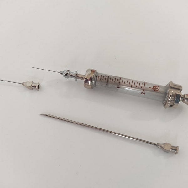1pc Vintage Medical 2ml Glass Syringe Metal Equipment Kit Antique Devices Old Medical Tools Brilliant Gift 1950s