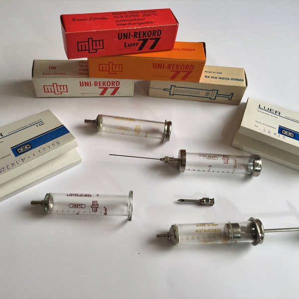 Vintage Medical Pro KIT ! 10 ml NEW MLW Glass Syringe set  + 2 box Luer Hypodermic Needles / old syringe set  1965