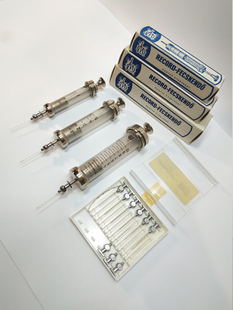 3 PC SYRINGE Vintage Medical Pro KIT 2 ml 5 ml 10 ml New Glass Syringe set 1 box Hypodermic record needle / syringe set 1957 / Gift image 5